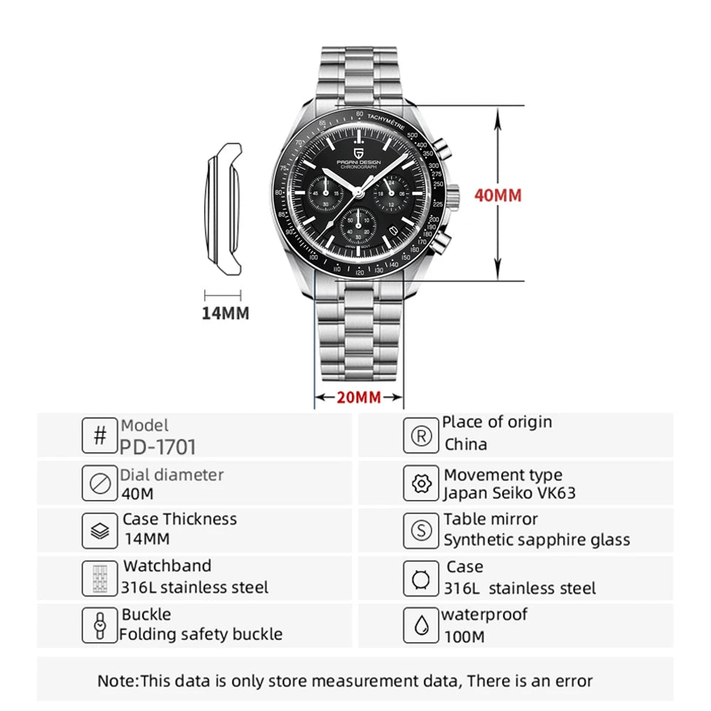 PAGANI DESIGN Moon Mens Watches Luxury Automatic Quartz Watch For Men Chronograph Waterproof Sports Clock Men Wristwatch Relogio