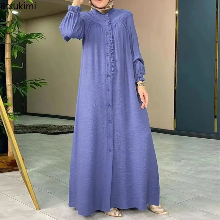 Muslim Fashion Modest Abaya for Women Morocco Solid Casual Robe Puff Sleeve Party Evening Dresses Female Button-up Long Vestidos