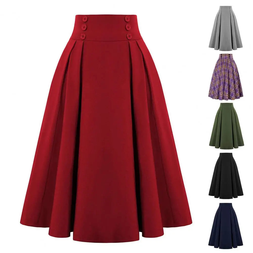 Women A-line Skirt Plaid Print A-line Midi Skirt with Elastic High Waist for Women Stylish Contrast Color Hem Mid-calf for Wear