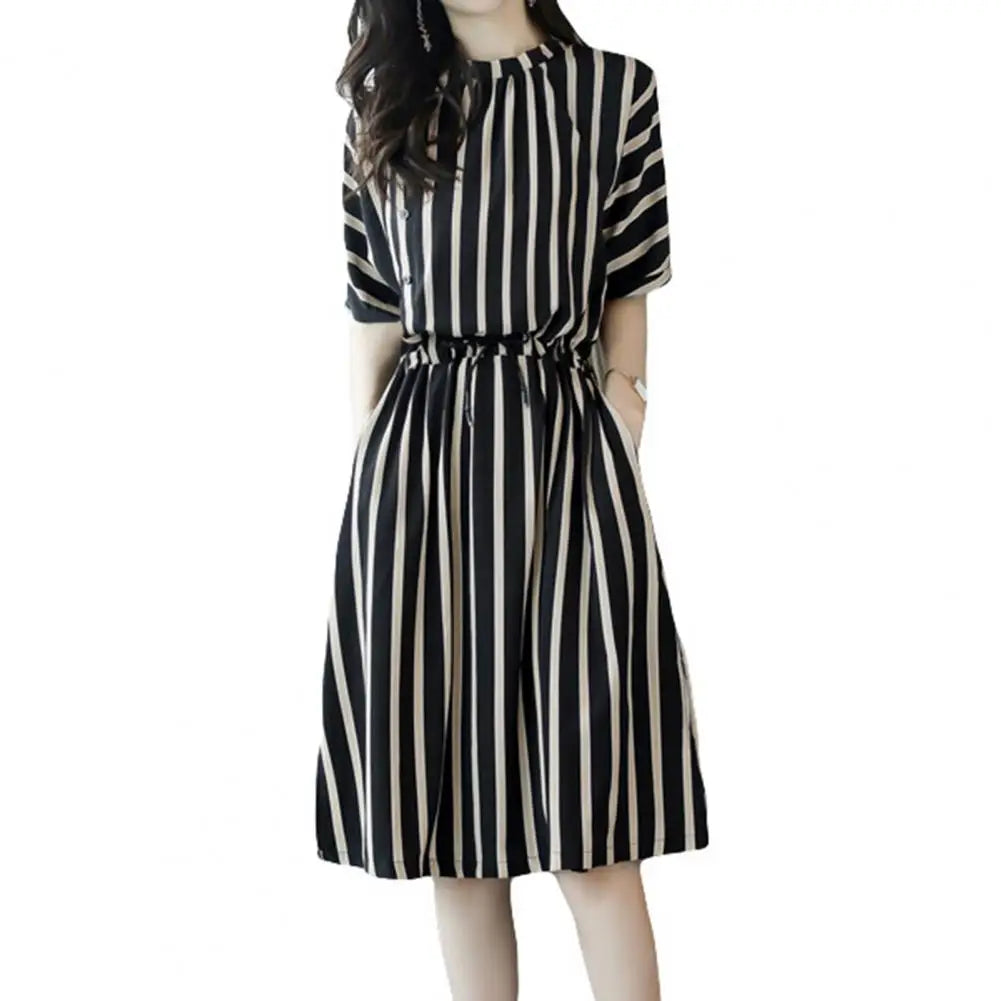 Loose Korean Dress Women Summer O-neck Half Sleeve Slant Pockets Tunic Dress Casual Vertical Striped Print Midi Dress