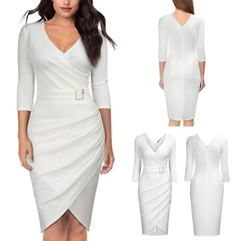 Hot apparel summer Solid Color Women V Neck 3/4 Sleeve High Waist Belted Irregular Pencil Dress