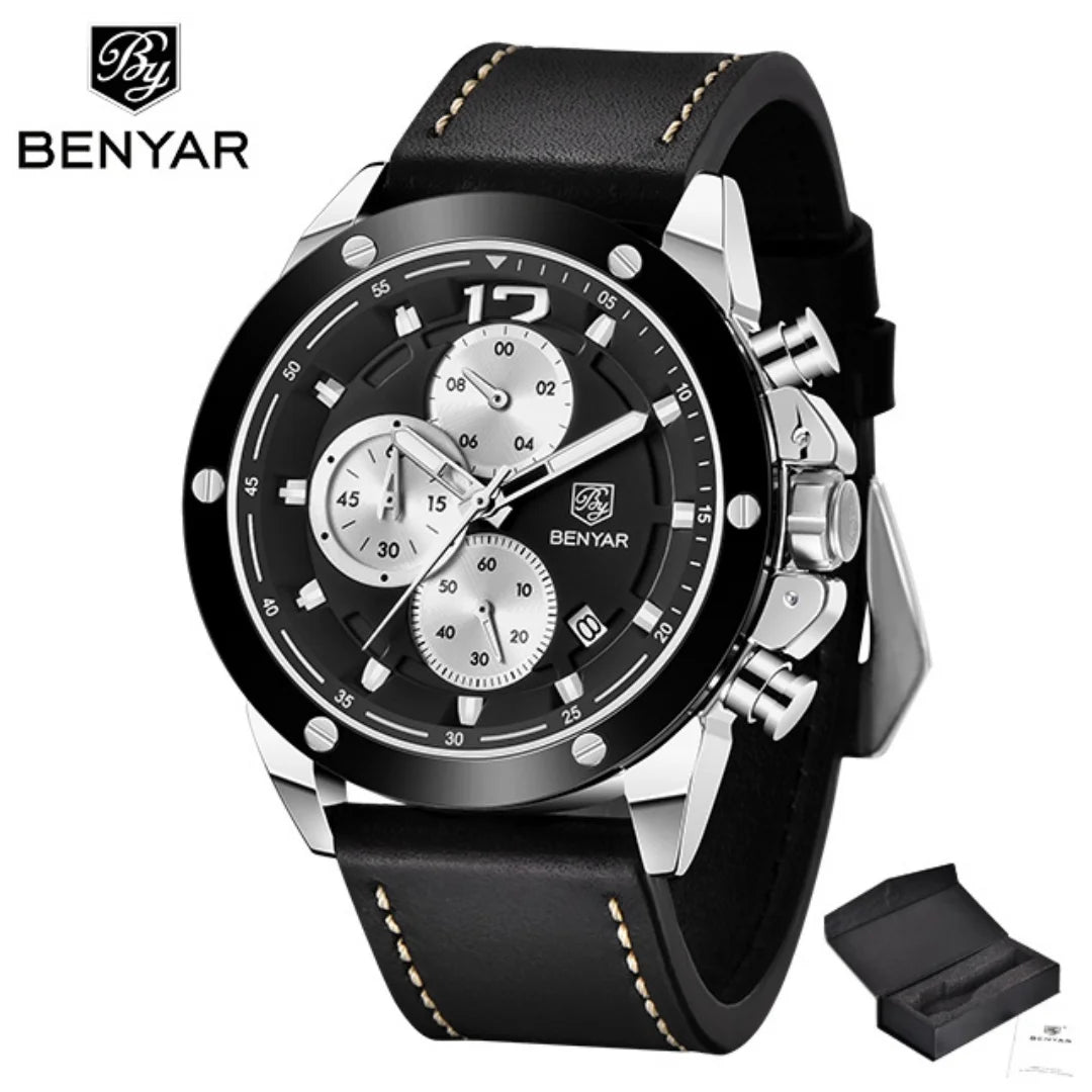 2025 New Benyar Brand Retro Luxury Fashion Men's Vintage Quartz Multi-Function Watch Leather Waterproof Watch Relogio Masculino