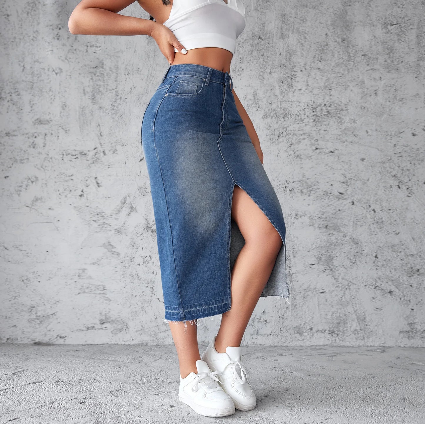 Denim Skirts Wrap Buttocks Dress Solid Washed High Waist Women Pencil Skirt Spliced Pockets Ankle Length Slim Solid Casual