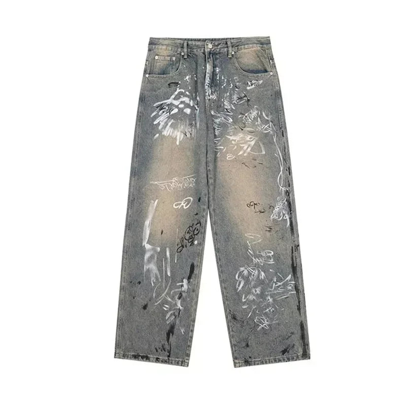 New Graffiti Printed Baggy Jeans For Men Y2K Vintage Distressed Blue Harajuku Denim Pants High Street Straight-leg Jean Trousers