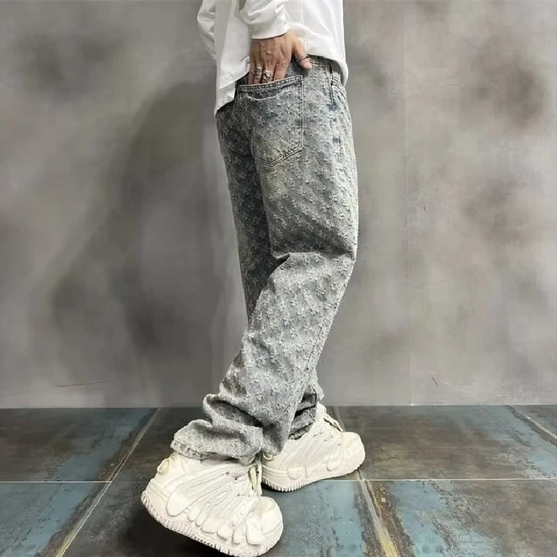 Y2k American High Street Jacquard Full Print Simple Casual High-Grade Jeans Men's Design Sense Straight Fashion Loose Pants Tide