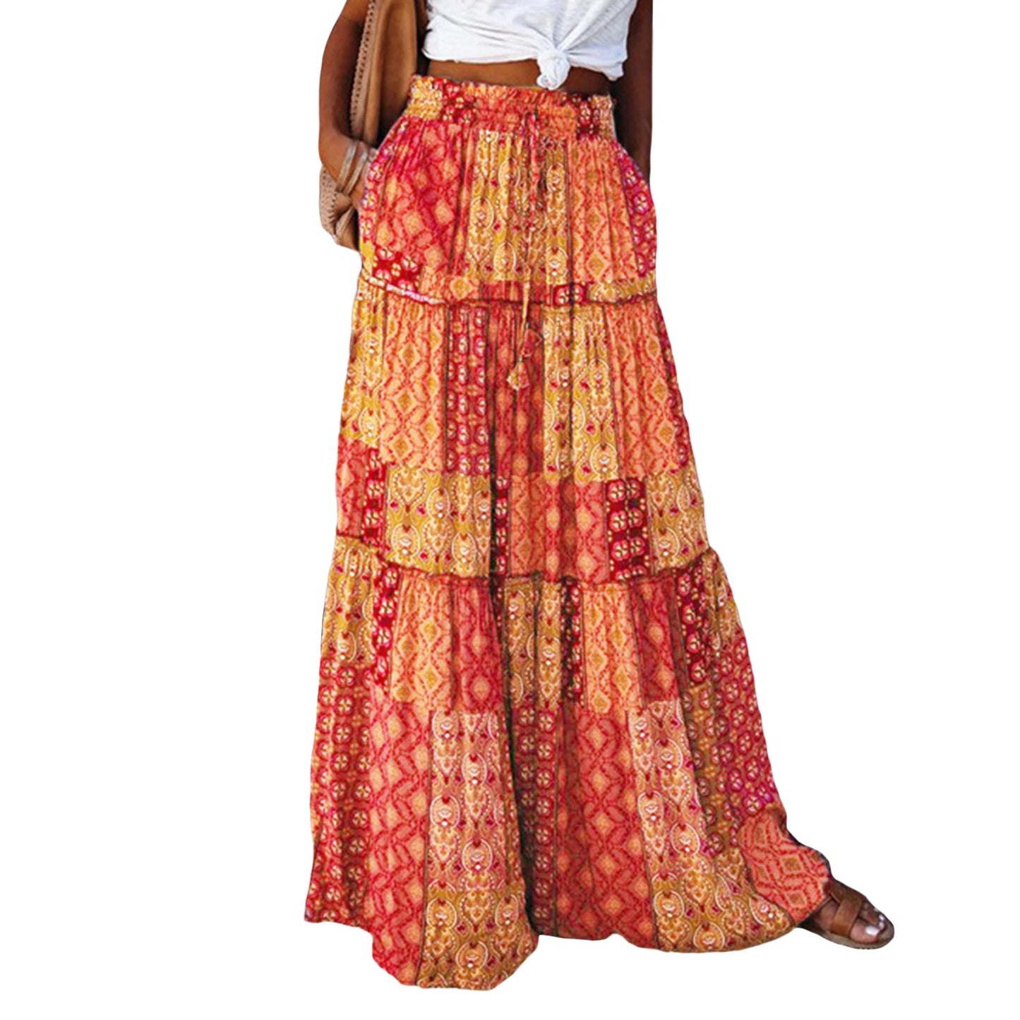 Women Bohemian Long Skirts Vintage Long Maxi Elastic High Waist A-Line Skirts Tiered Long Skirts with Pockets Beachwear Skirt