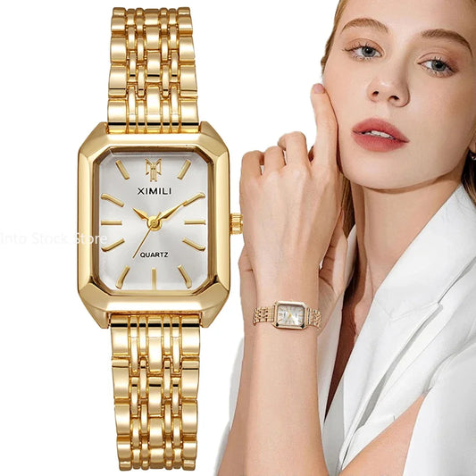 Luxury Ladies Fashion Quartz Watch Simple Scale Square Quality Gold Plated Women Watches Business Stainless Steel Folding Clock