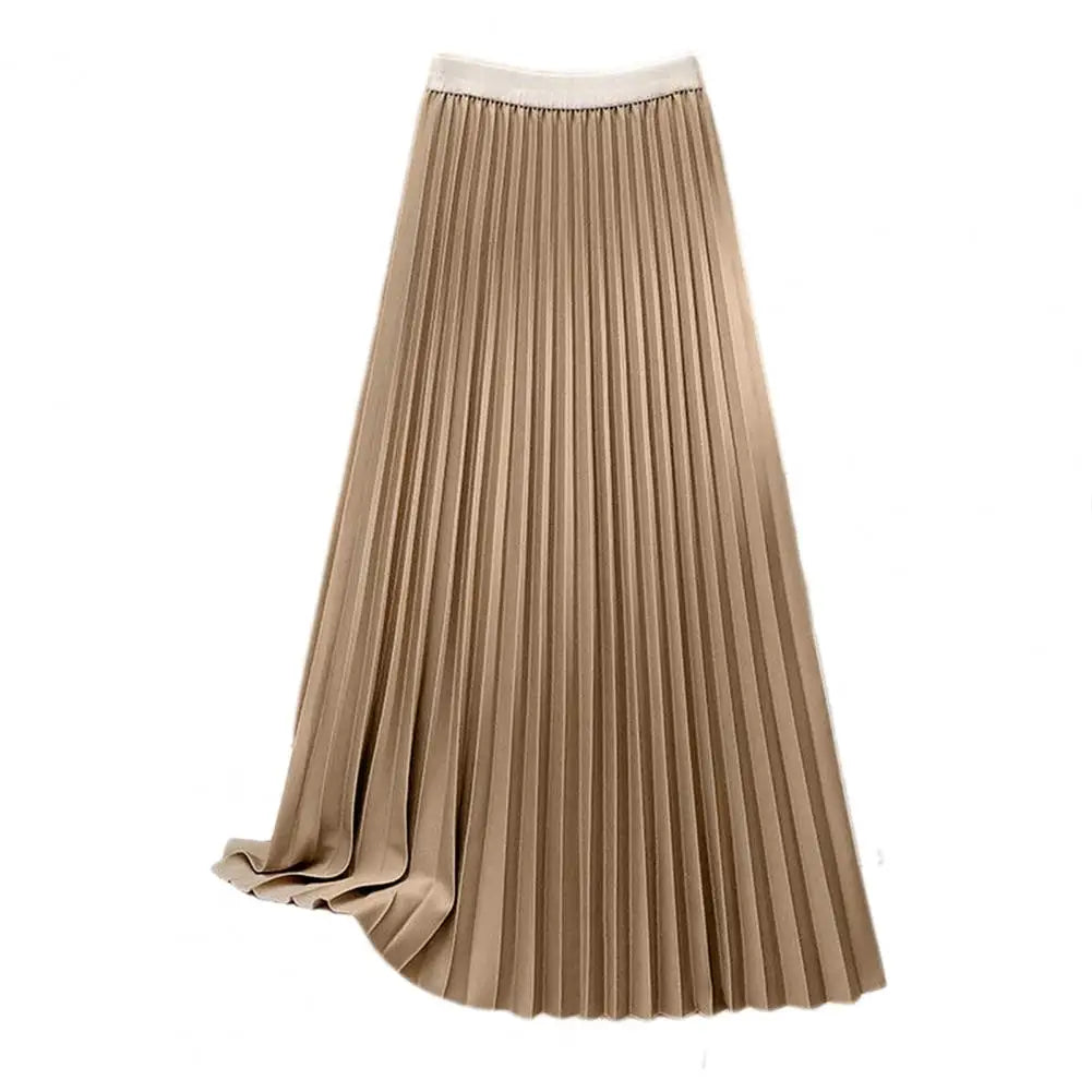 Women Maxi Skirt Elastic High Waist Pleated Skirt Solid Color Smooth Satin A-Line Skirt Work Leisure Wear Короткое Платье Макси