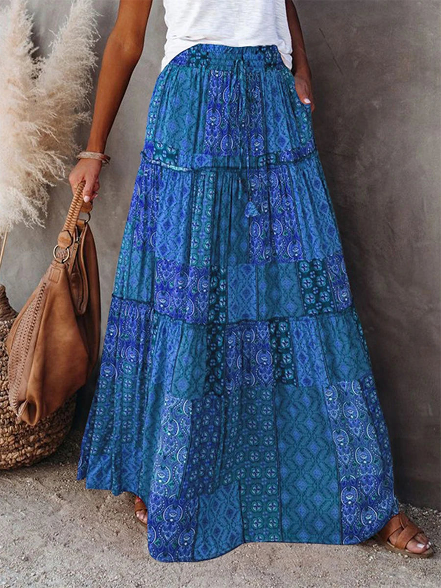 Women Bohemian Long Skirts Vintage Long Maxi Elastic High Waist A-Line Skirts Tiered Long Skirts with Pockets Beachwear Skirt