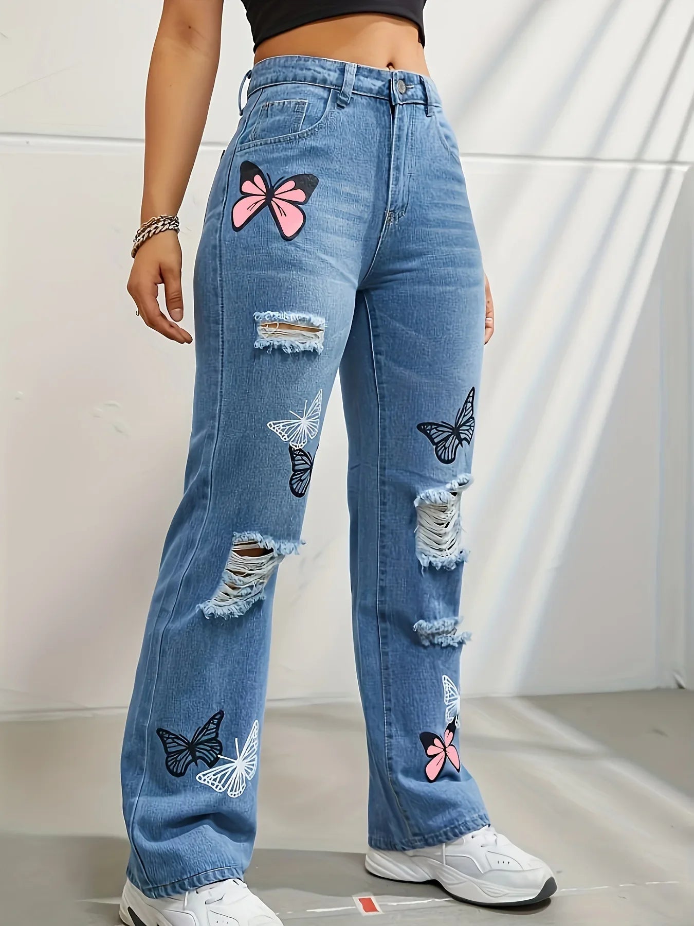 Women Denim Trousers Holes Jeans Butterfly Print Straight Pants High Waist Mom Jeans Vintage Y2k Punk Casual Pant Streetwear