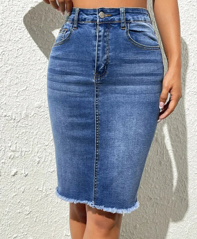 Skirts Women Denim Skirt Mid Length Slim Fit Solid High Waist Casual Regular Elegant Splice Hip Wrap Button Pocket Summer