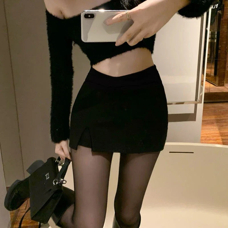 2024 Black Split Mini Skirts Women Summer Club High Waist Slit Skirt Streetwear Korean Party Fashion Irregular Slim A Line Skirt