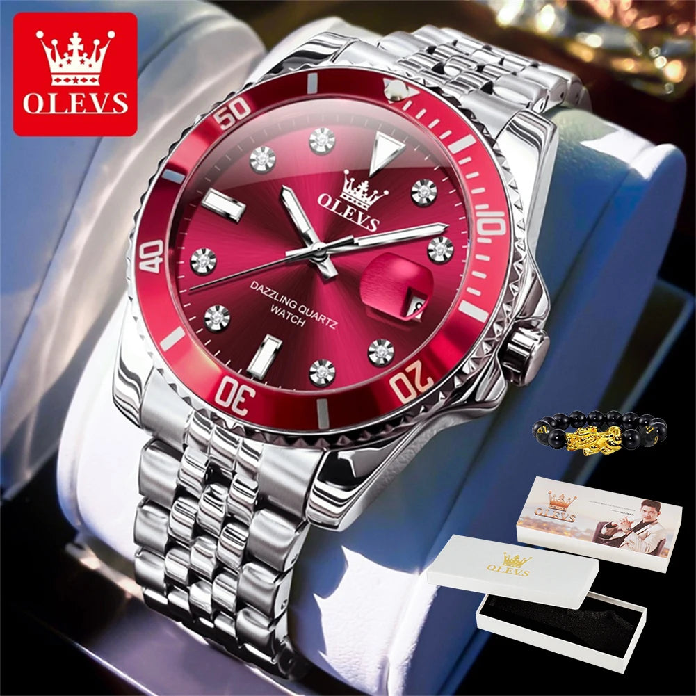 OLEVS 9809 Original Waterproof Quartz Watch For Men Top Brand Calendar Wristwatch Luminous Stainless Steel Business Man Watches