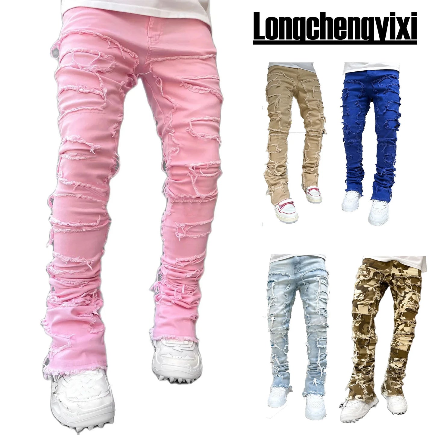 2025 New Fashion Purple jeans man with distressed hole patches Fashion Repair Low Rise Skinny Tassel Full Length Denim pants XXL