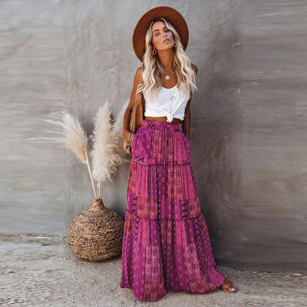 Womens Loose Long Boho Flowers High Elastic Waist With Pockets And Belt Maxi Skirt Pleated Skirt 2024 Summer Sexy Women Skirts