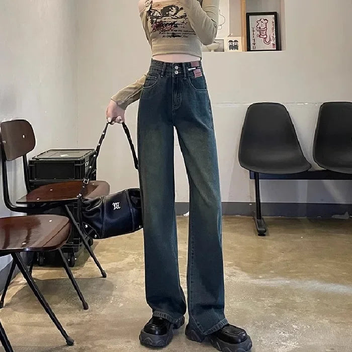 High Waist Solid Casual Denim Pants Vintage Baggy Jeans Women Fashion Trousers Straight Jeans Female Floor-length Wide-leg Jeans