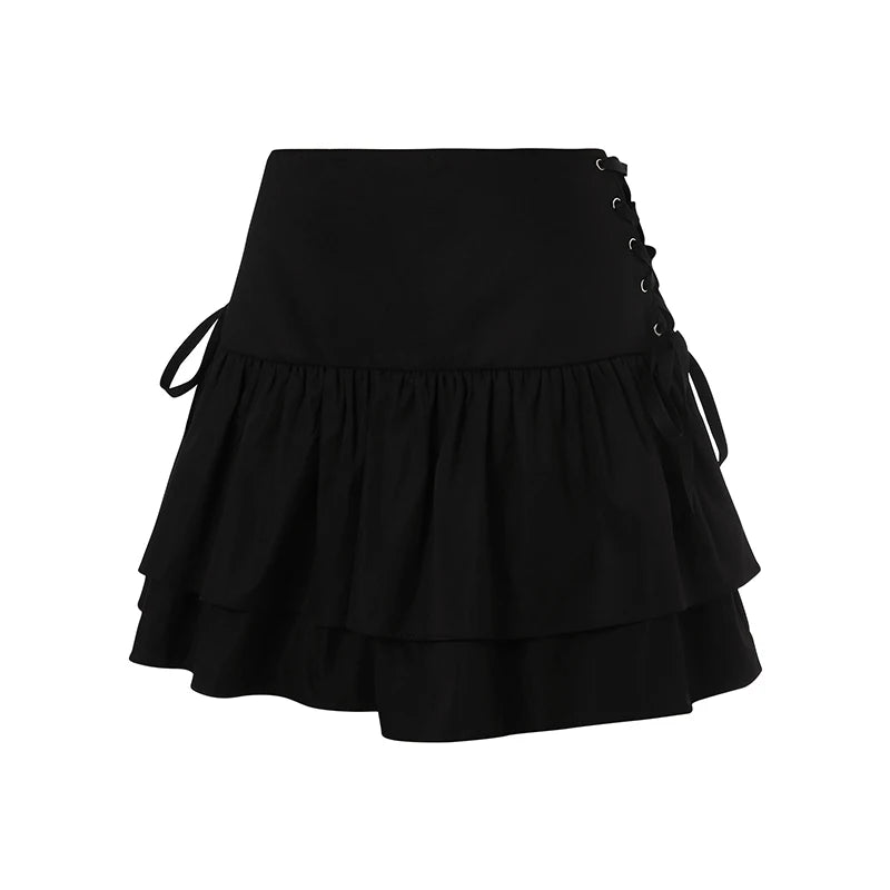 Women s Ruffle Mini Skirt High Waist Solid Color Criss Cross Tie Up A-Line Short Skirt