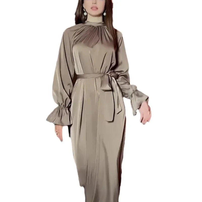 Long Sleeve Muslim Dress Women Solid Satin Dress for Women Slim-fit Belt Evening Dresses Abaya Dubai Islamic Clothing Vestidos