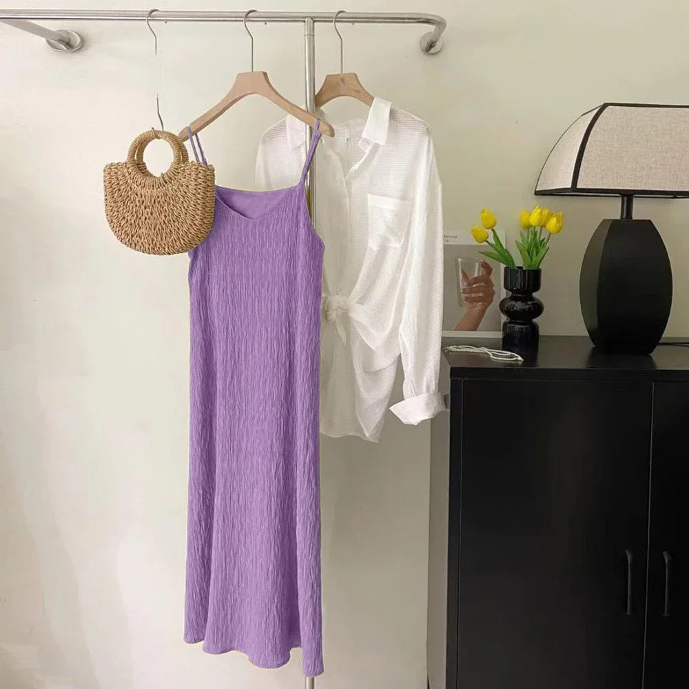 Office Lady Sleeveless Pleated Midi Dress Women Size S-XL Pink Purple White Black Casual Basic Knitted Folds Dresses Girl's