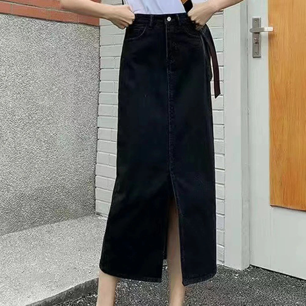 Women's Long Denim-Skirts High Wasit Jeans Skirt Straight Side Split A-line Pencil Skirts Lady Hip-covering Straight Long Skirt