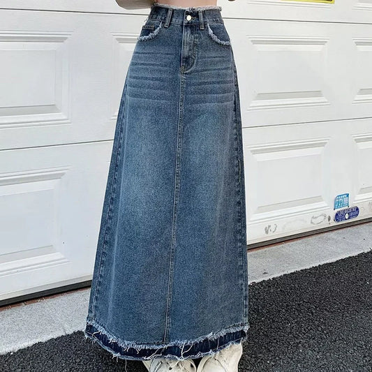 Summer Street Style Rough Edge Skirt Korean Version Women Retro Casual High-waisted A-line Skirt Temperament Loose Denim Skirts