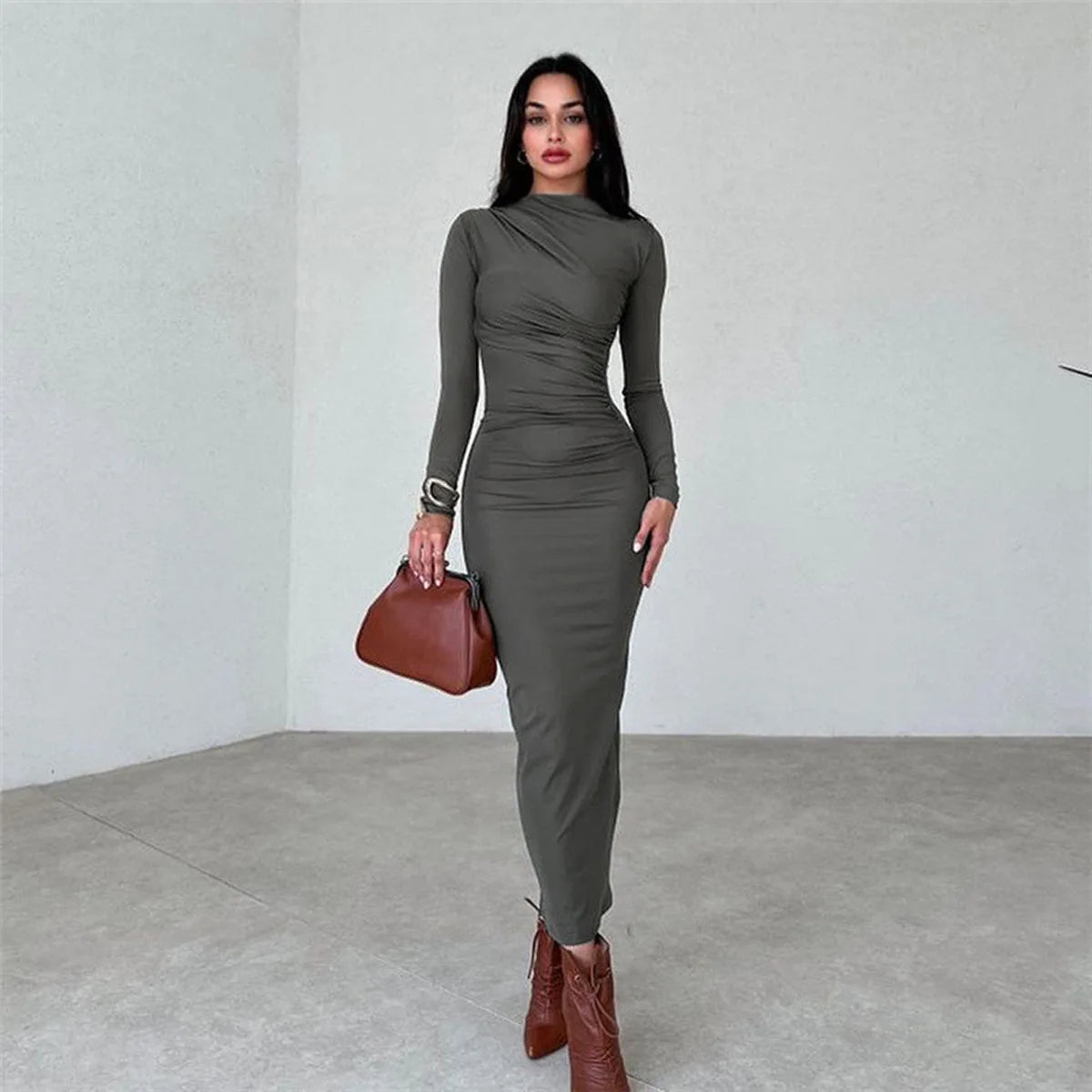 2024 Spring and Autumn New European and American Asian Style High End Solid Color Temperament Long Hip Bag Dress for Women