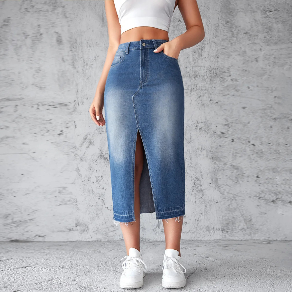 Denim Skirts Wrap Buttocks Dress Solid Washed High Waist Women Pencil Skirt Spliced Pockets Ankle Length Slim Solid Casual