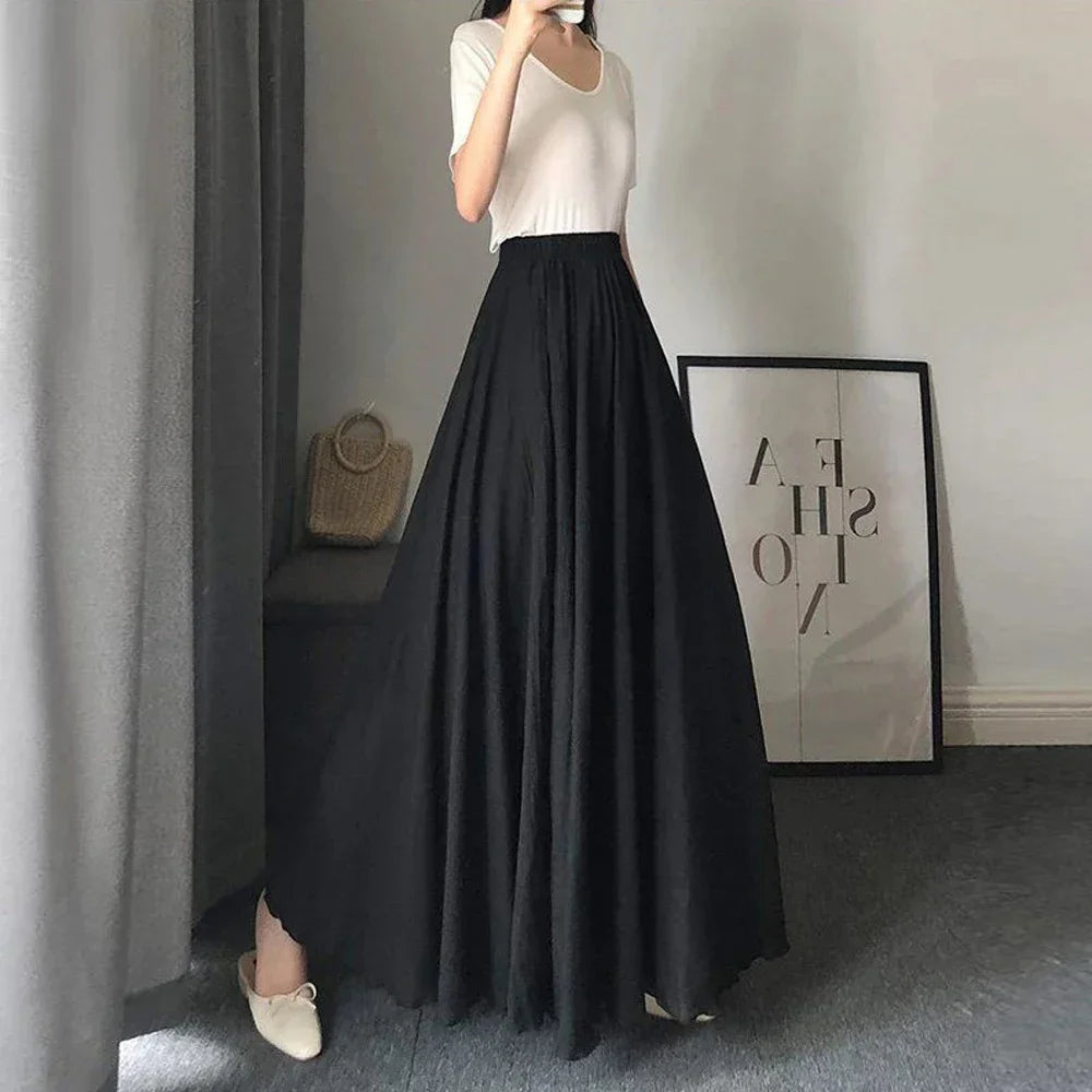 Casual Cotton Linen Effect Pleated Midi Skirt Ladies Elastic Waist A-line Wave Sun Skirt Women Black White Solid Elegant Skirts