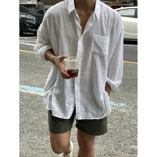 2024 Unisex Oversized Linen Shirt Coat Men's Long Sleeve Casual Loose Fit Fashion Japanese Korean Style Sun Protection Clothing