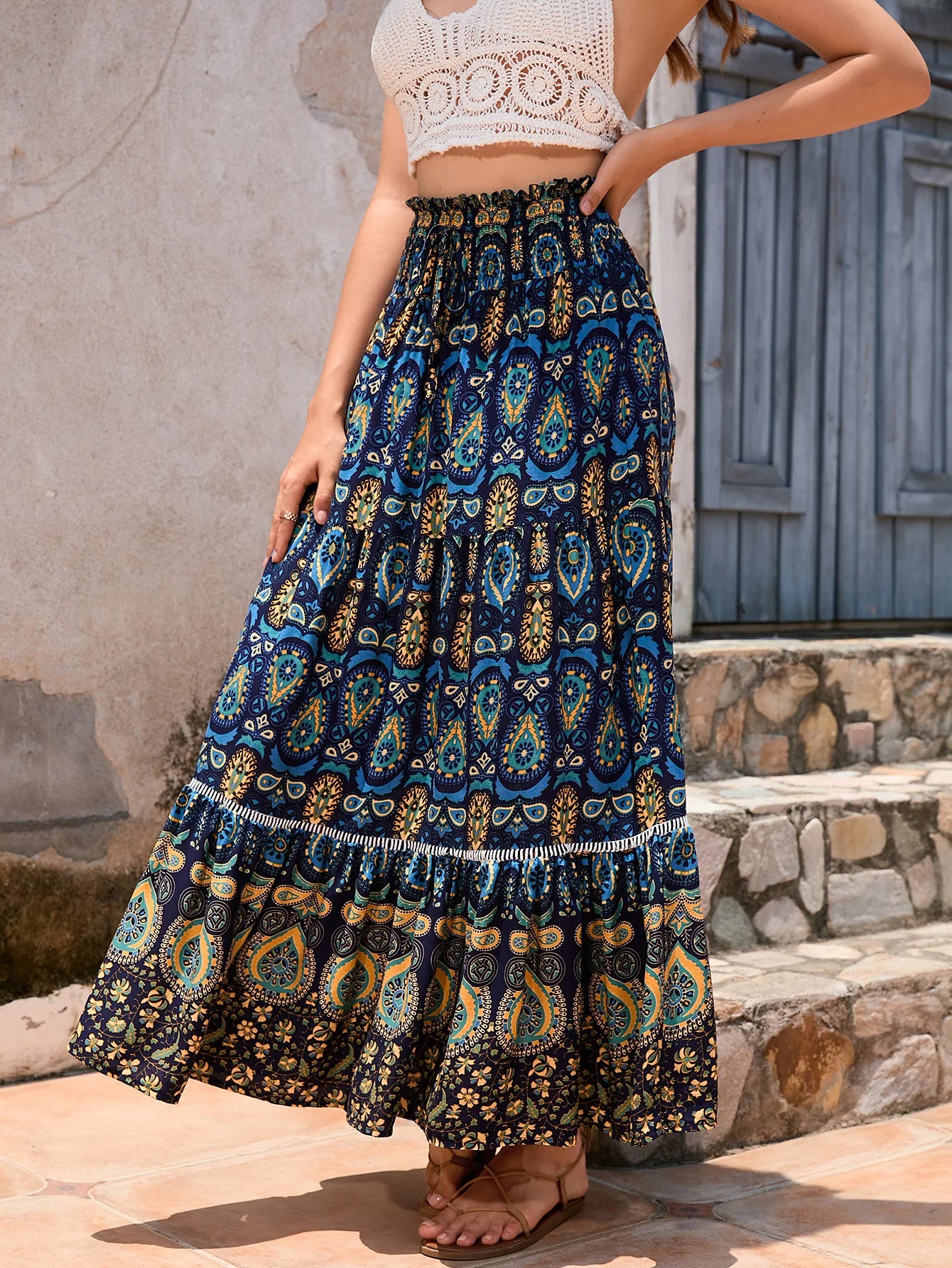 Bohemian Printed Skirt Holiday Women Beach Skirt Travel Long Skirts Ethnic Splicing A-LINE Mid Skirts Womens 2024