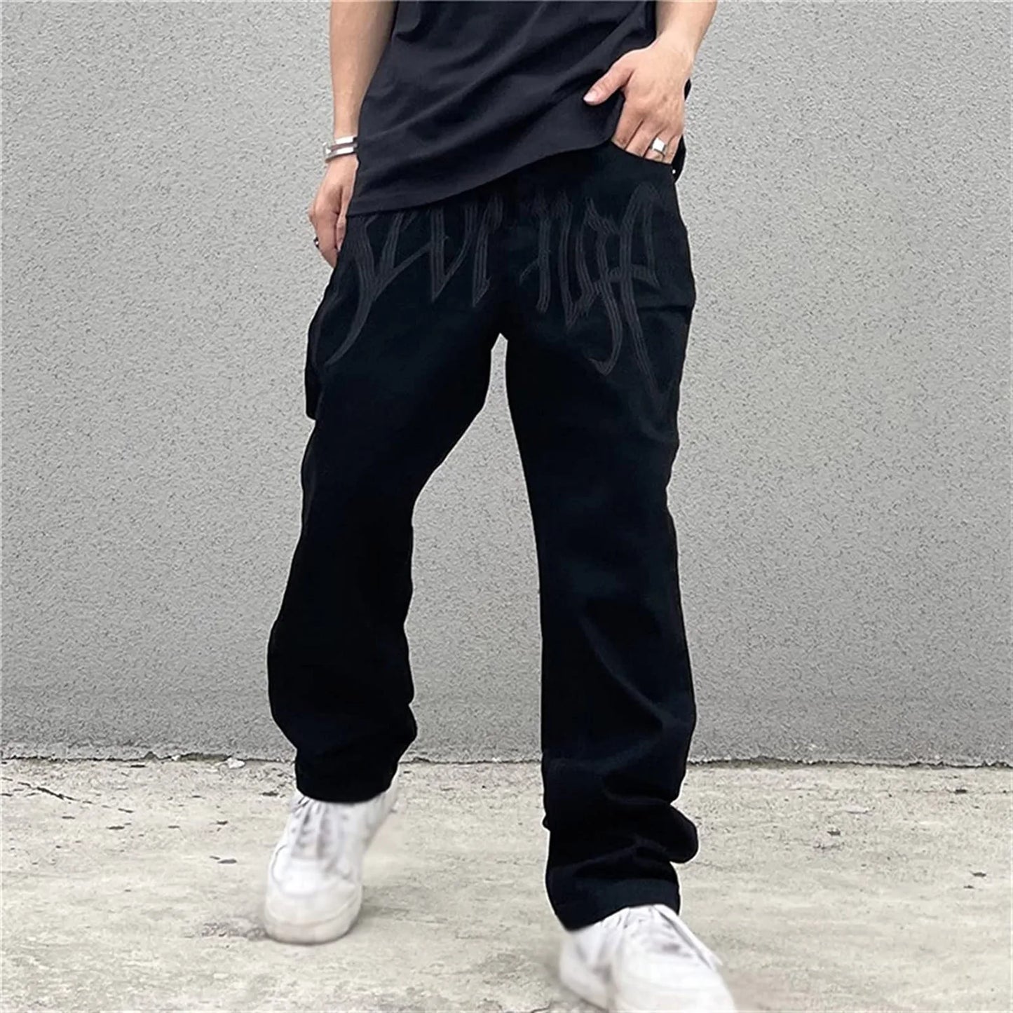 Men Y2K Embroidered High-waisted Straight Baggy Printed Jeans Hip Hop Teenager Boy Streetwear Skateboard Casual denim Trousers