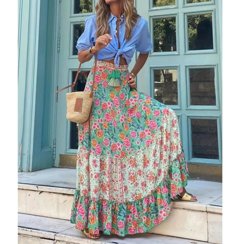 Ladies' Vacation Style Printed Skirt Long Skirt Summer Autumn New 2024 Oversized High Waisted Lace Up Elegant Ladies' Skirt