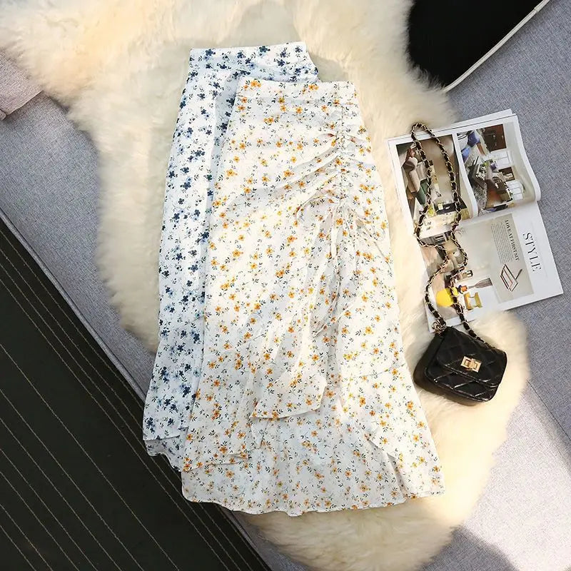 Women Floral Irregular Fishtail Skirt Summer High Waisted Slim Shirring Loose Lacing Casual All-match Lady Chiffon Skirt Fashion