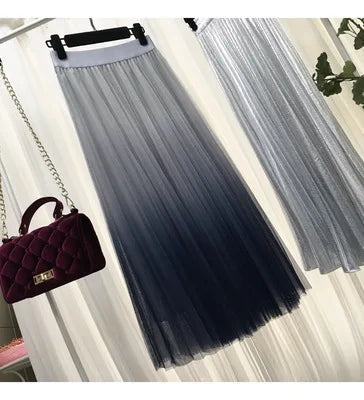 Long Tulle Skirt Women 2019 Autumn Gradient Korean Elegant High Waist A-line Pleated School Midi Skirt Female