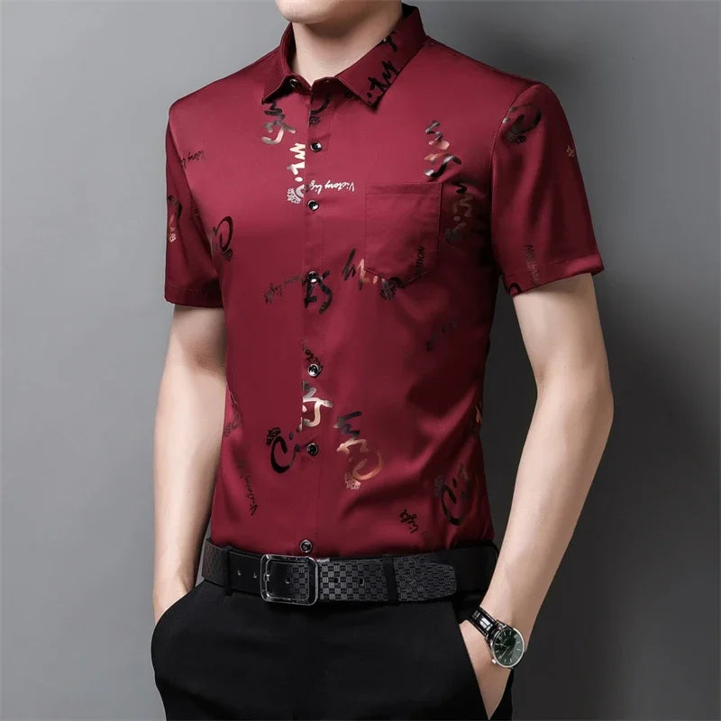 Men's Casual and Fashionable Short Sleeved Printed Shirt Wrinkle Resistant Business Top Without Ironing