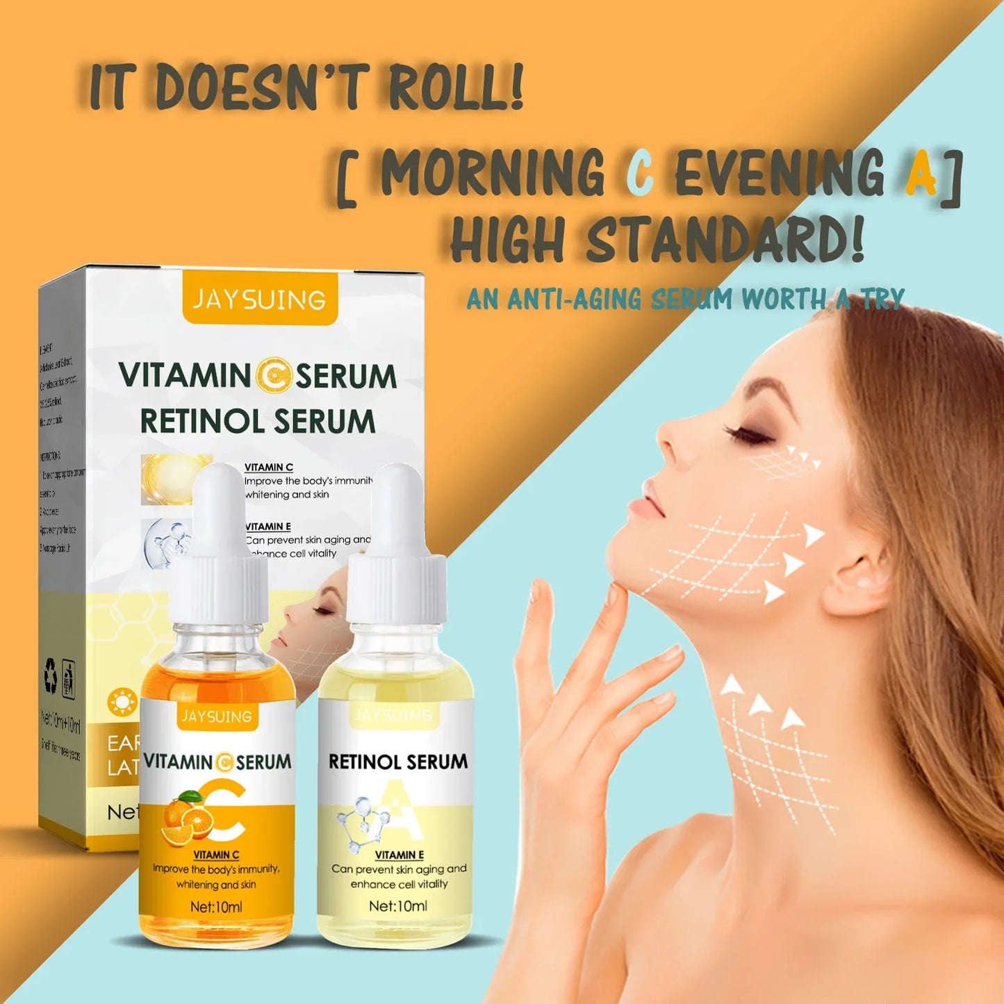 Vitamin C Whitening Face Serum Hyaluronic Acid Retinol Facial Essence Purifying Serum Dark Spot Remover Skin Care 2PCS/Set