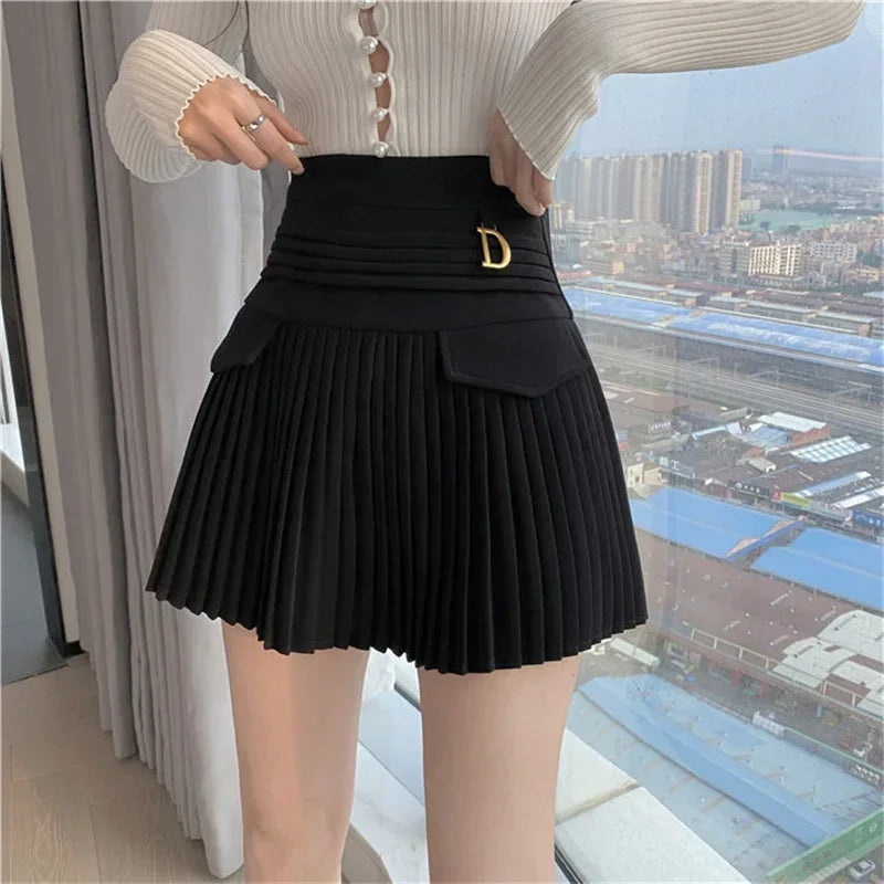 White Pleated Skirt Women  High Waist Skater Skirt Female Korean A-Line High Fashion Casual Short Skirt Women Bottoms