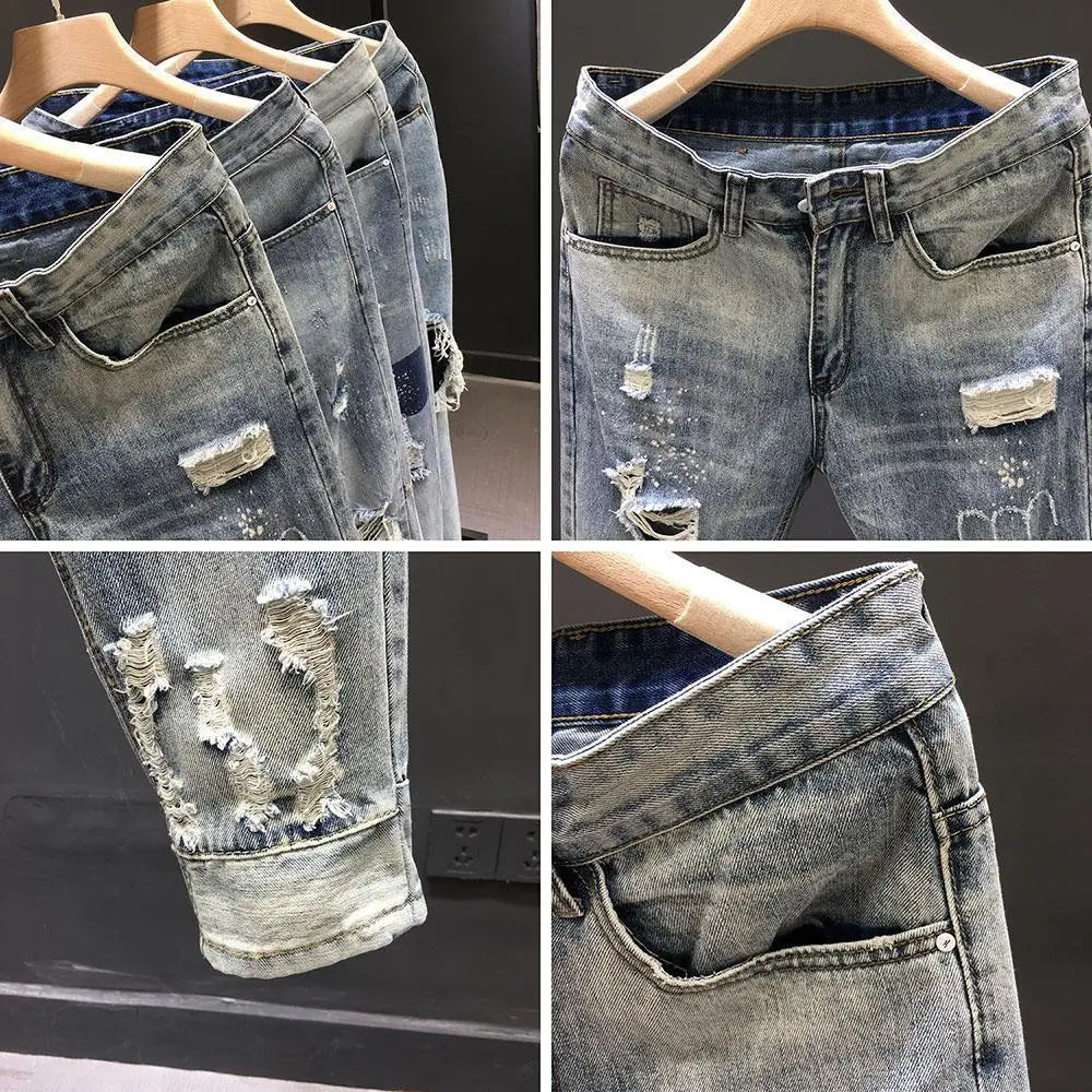 Fashion 2024 New Men's Casual Jeans Distressed Ripped Designer Luxury Boyfriend Spring Autumn Denim Slim Full Length Pants