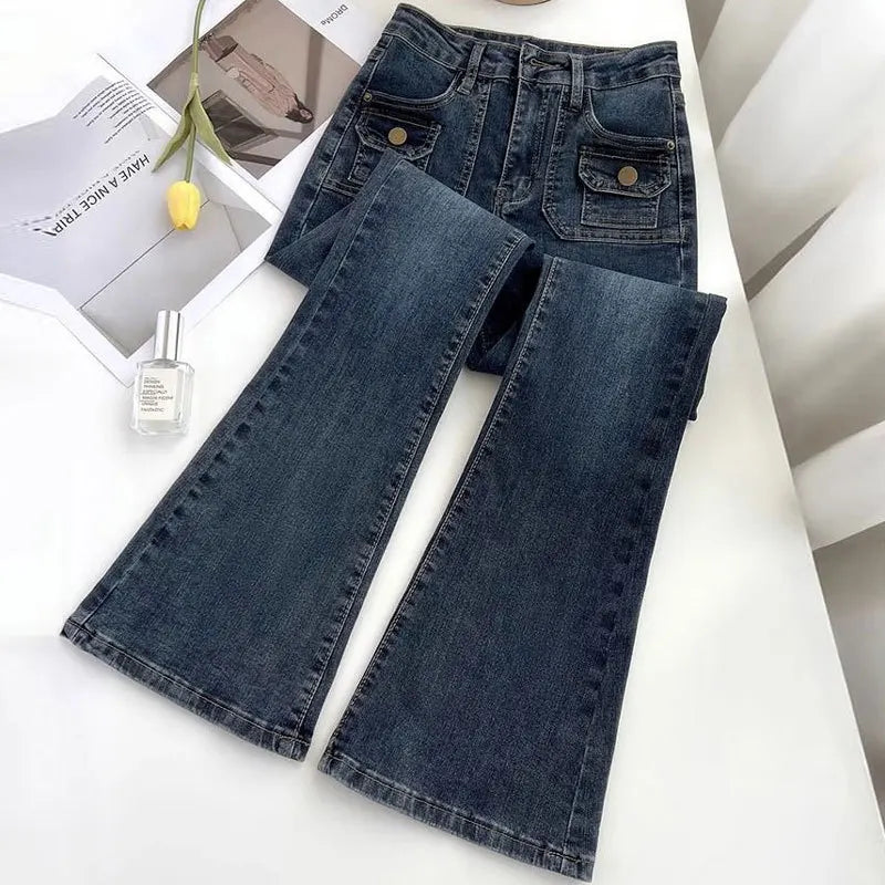 Slim-fit High-waisted Micro-flared Jeans, Women's Spring and Autumn New Fashion Stretch Horseshoe Long Pants,Water Washing Jeans