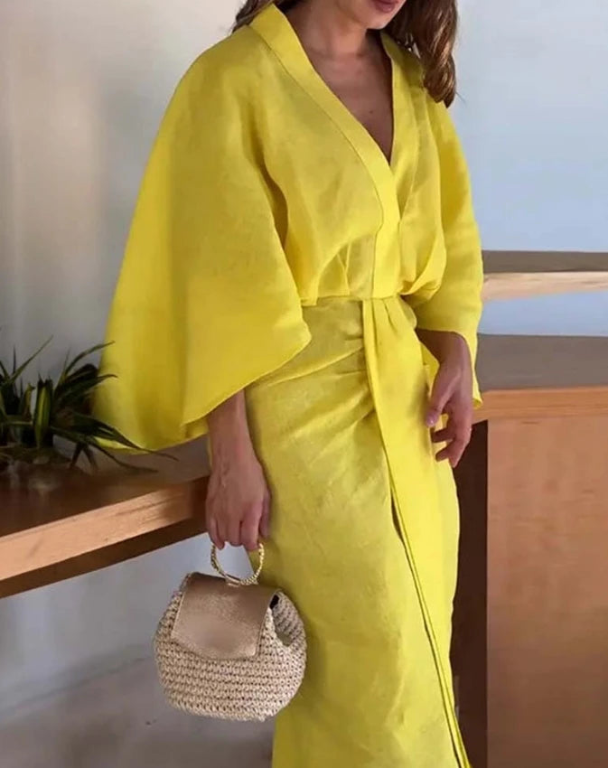 Hanging Bat Sleeves Hanging Midi Yellow Thin Summer Women's Dress V-Neck Waist Slim Fit Casual Loose Wrapped Hip Long Dress