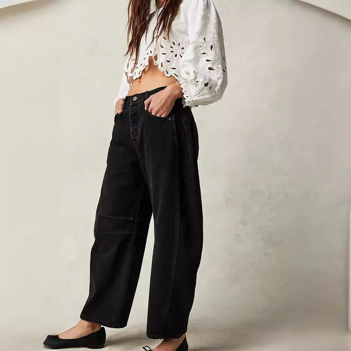 Washed Jeans Women Wide Leg Pants Denim High Waist Vintage Pockets Solid Basics Loose Fit Ankle Length Trousers 2024 Casual