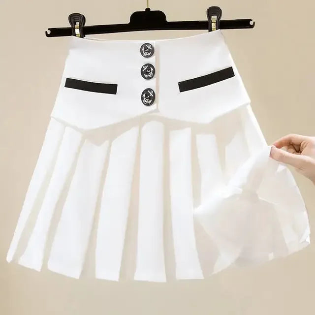 Korean Women's Fashion All-match Button Splicing Pleated Skirt Summer New Zipper High Waist School Preppy Sweet Mini Skirts