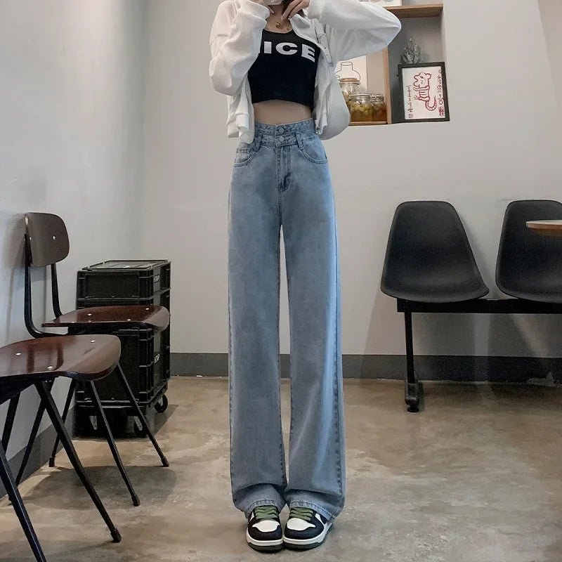 Double-button High-waisted Straight Leg Jeans, Women's Spring and Autumn New Casual Wide-leg Pants, Loose Floor-length Jeans