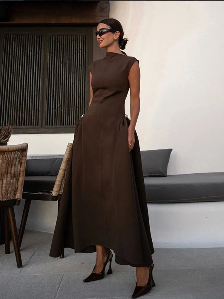 New Elegant Women's Brown Square Collar Pleated Dress 2024 Sexy High Waist A-line Sleeveless Dresses Female Chic Wine Party Robe