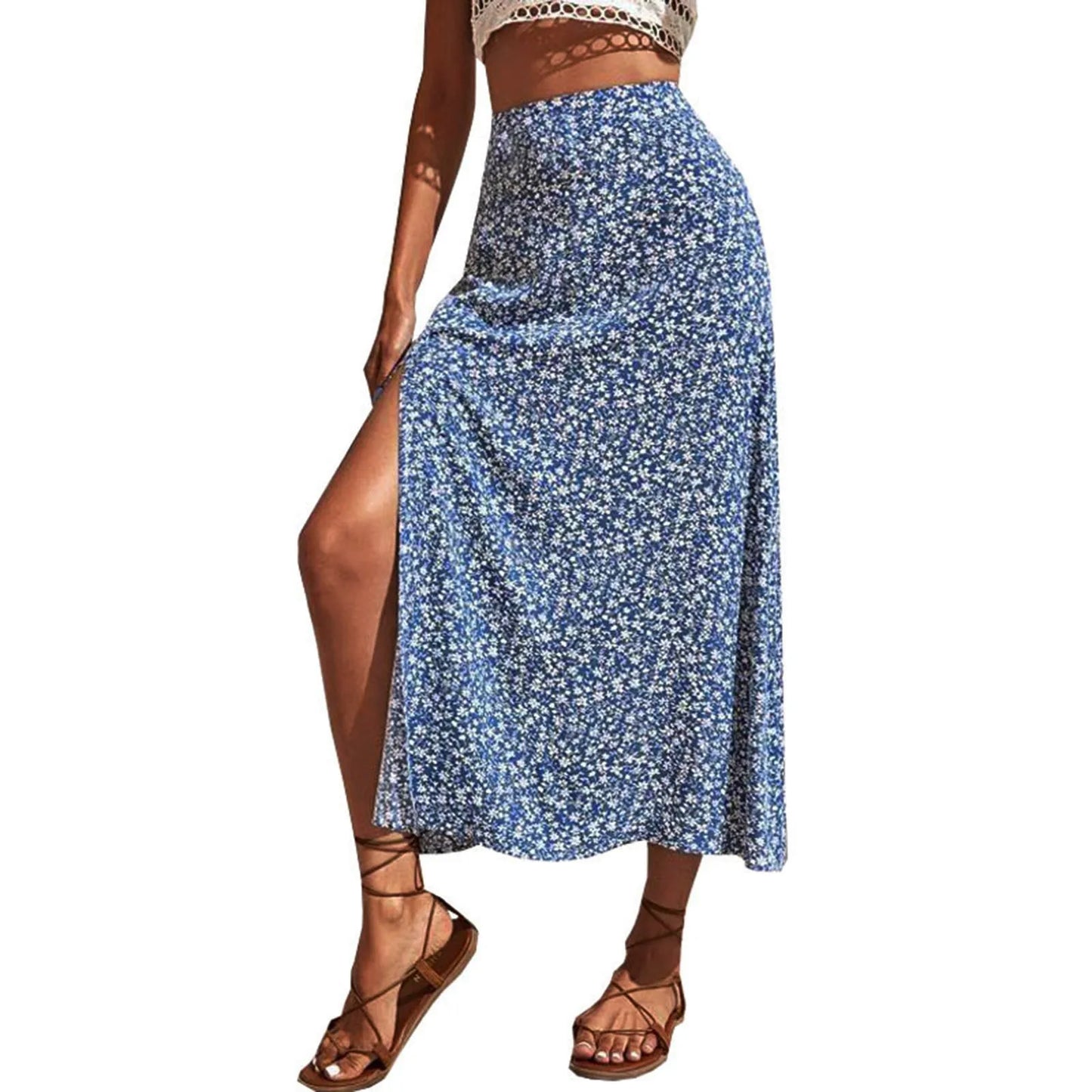 Fashion Vintage Skirt 2023 Flower Polka Dot Print High Waist Stretch Split Long A-Line Skirts For Women Fashion Beach Maxi Skirt