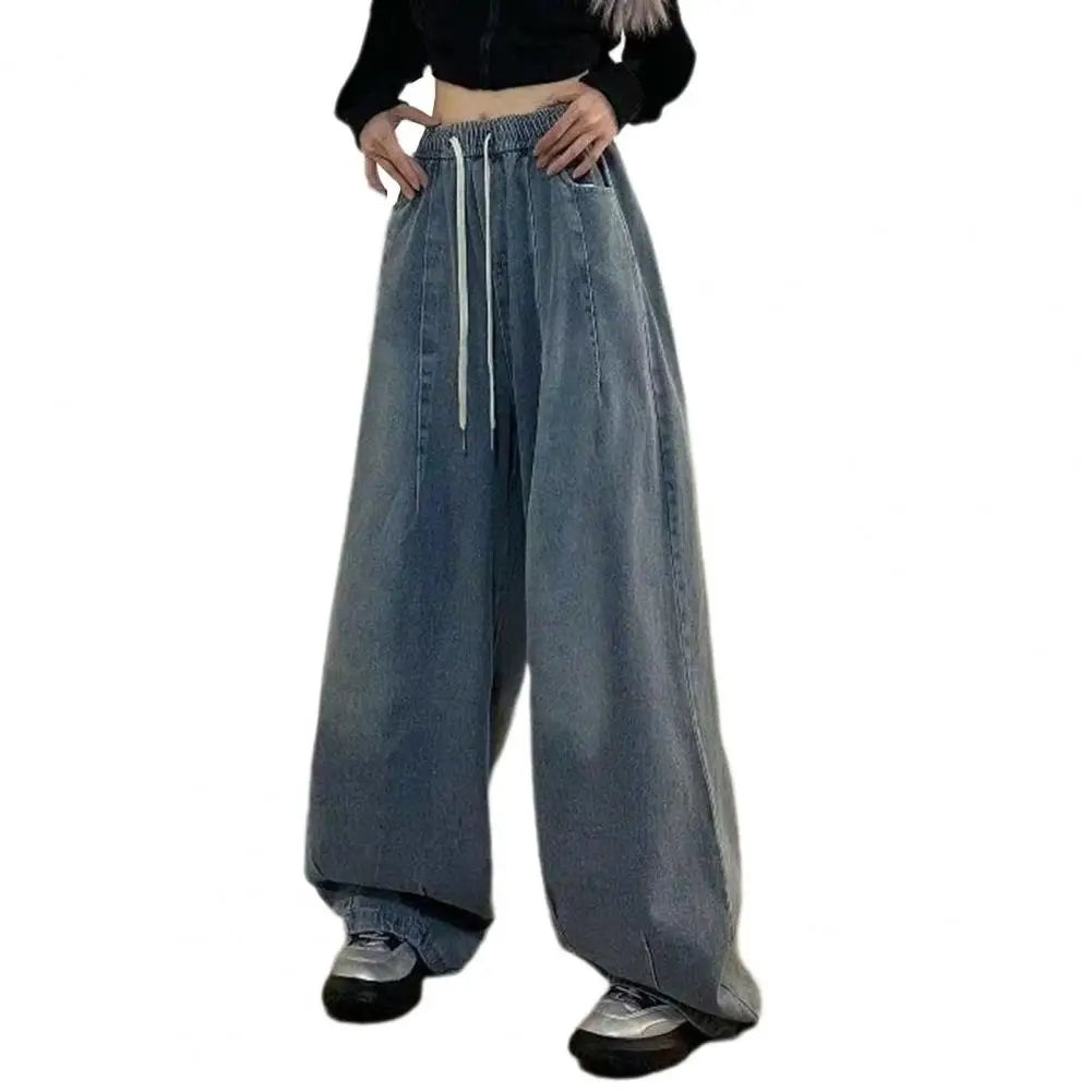 Two Side Pocket Jeans Vintage Wide Leg Denim Jeans with Elastic Waist Crotch Pockets for Women Hop Streetwear Fashion Statement