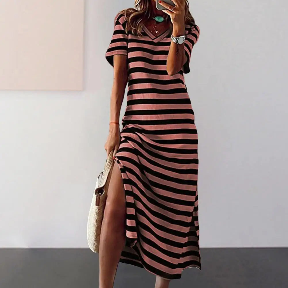 Summer Dresses 2023 Woman Plus Size Dresses For Women Casual Stripe Print V-neck Short Sleeve Loose Long Dress Robe Femme