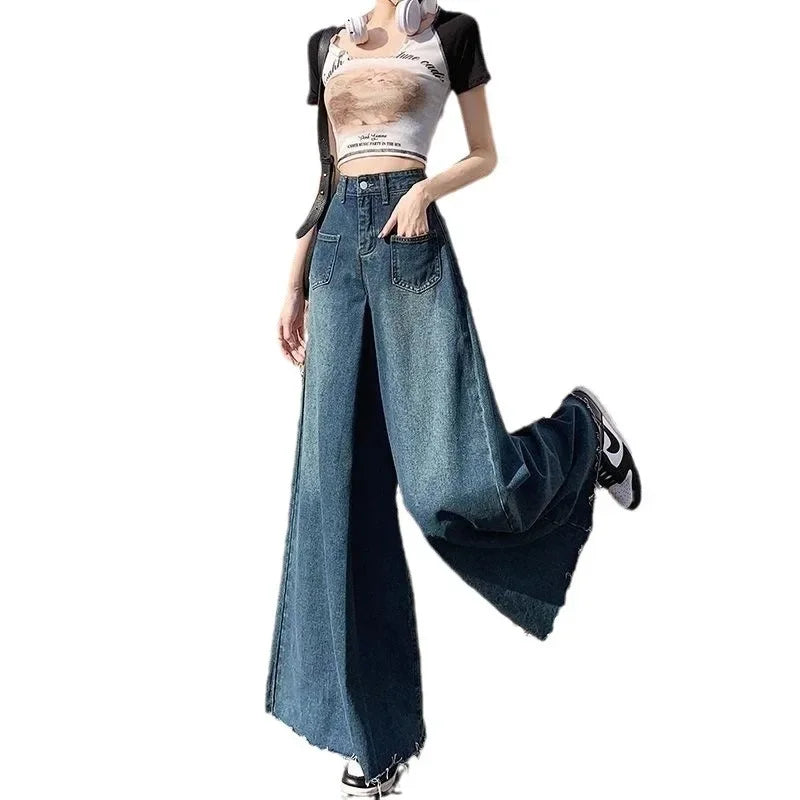 High-waisted Stretch Pants Vintage Super Wide-leg Jeans Fashion Korean Edition New Style Versatile Straight Baggy Jeans Women