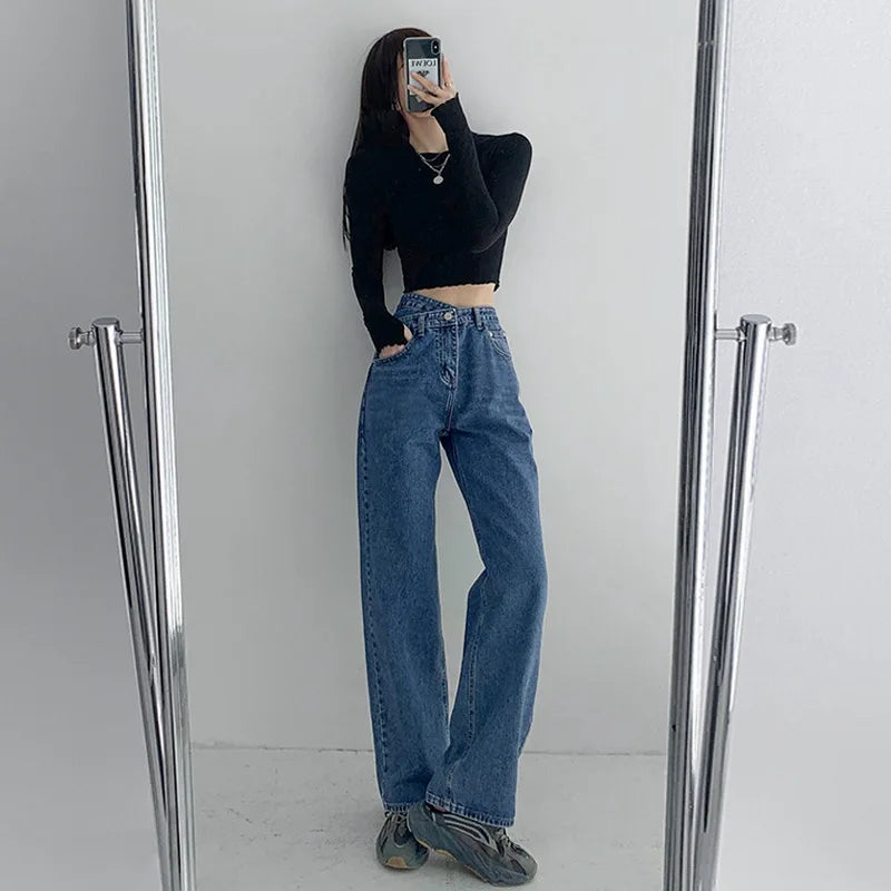 Irregular Crossover Vintage High-waisted Jeans, Women's Spring and Fall New Fashion Loose Wide-leg Pants, Floor-length Jeans