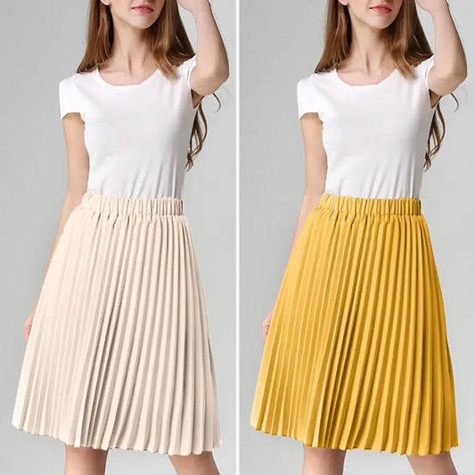 Skirt Women High Waist Elastic Waistband Flowy Large Hem Pleated  Solid Color A-Line Knee-Length Skirt Daily Clothing Streetwear